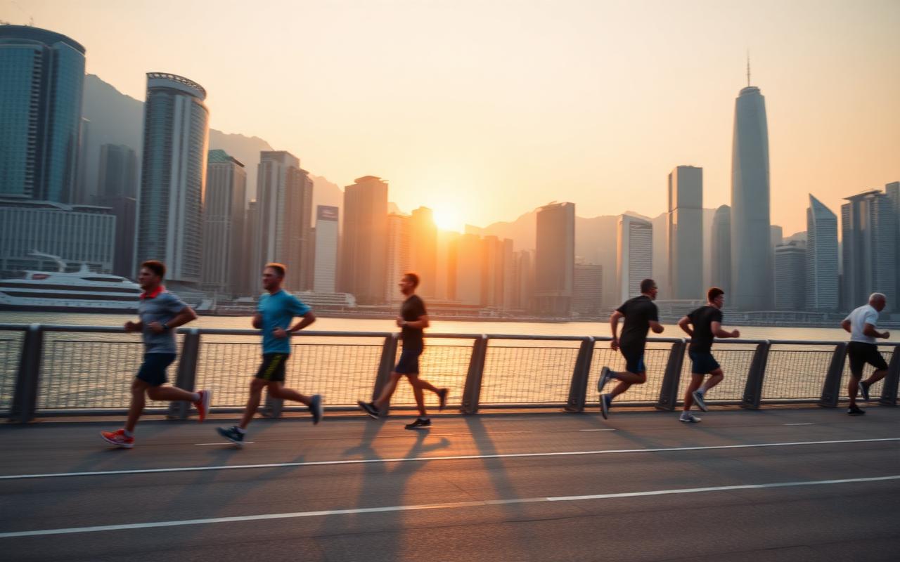 Runners on a Hong Kong waterfront road at sunrise